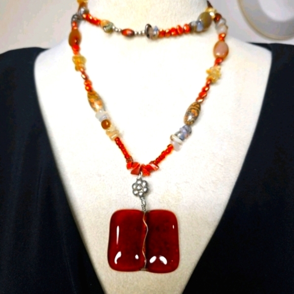 Triska Jewelry - Triska Signed Artisan Beaded Necklace Bold Crimson Glass Focal & Earthy Gemstone